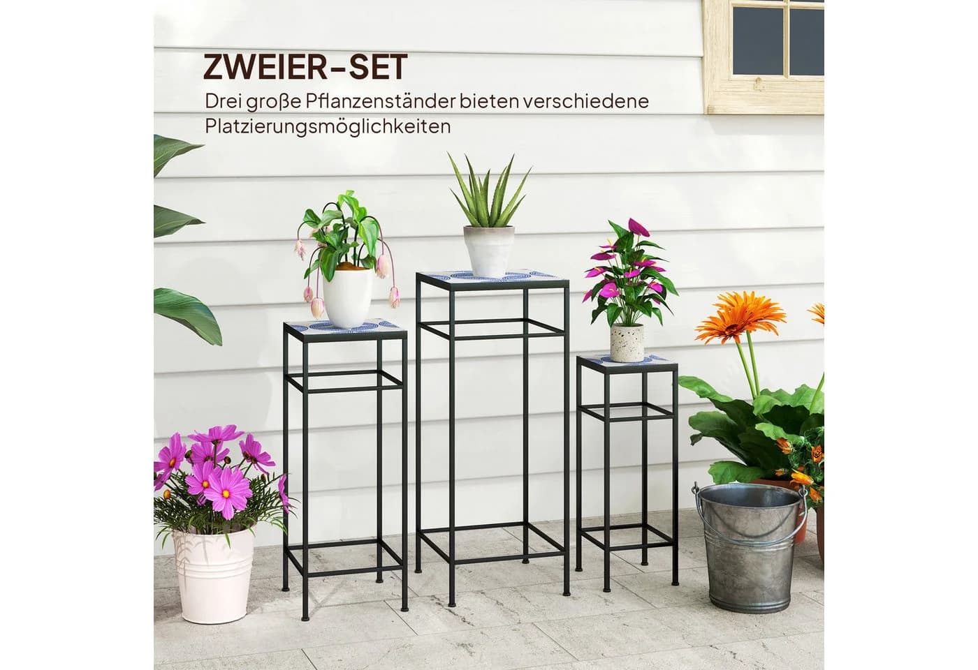 Outsunny Blumenständer 3er-Set Blau-Weiß Metall - Bild 4
