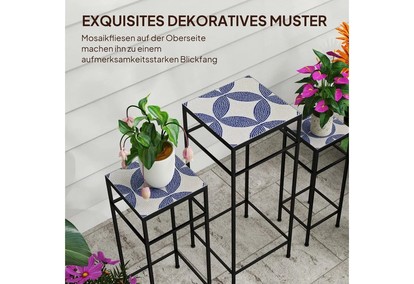 Outsunny Blumenständer 3er-Set Blau-Weiß Metall - Bild 5