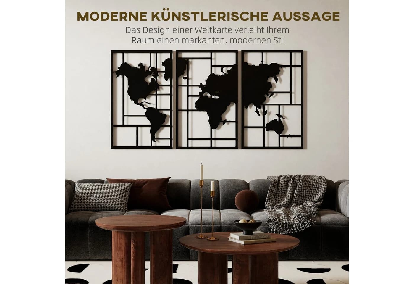 HOMCOM Metall Wanddeko Weltkarte 3-teilig Schwarz - Bild 4