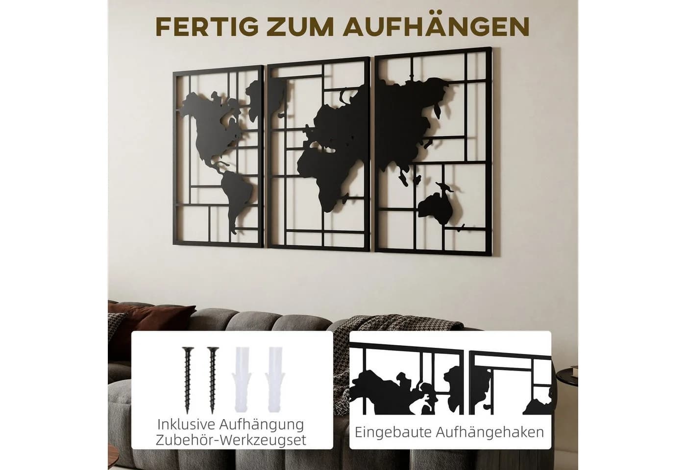HOMCOM Metall Wanddeko Weltkarte 3-teilig Schwarz - Bild 5