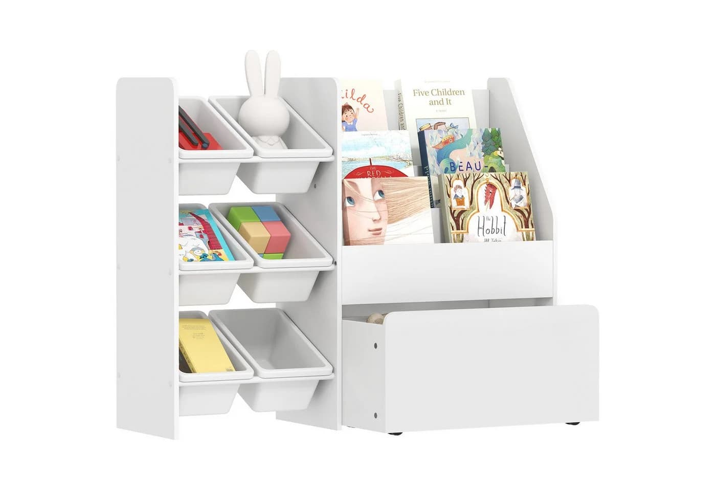 AIYAPLAY Spielzeugtruhe mit 6 herausnehmbaren Aufbewahrungsboxen, Bücherablage, rollbarer Box