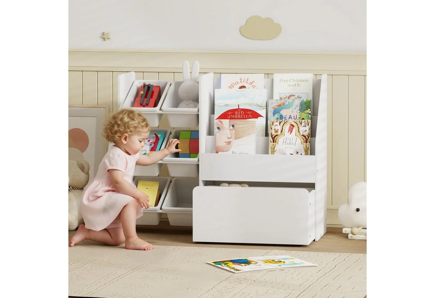 AIYAPLAY Spielzeugtruhe mit 6 herausnehmbaren Aufbewahrungsboxen, Bücherablage, rollbarer Box - Bild 2
