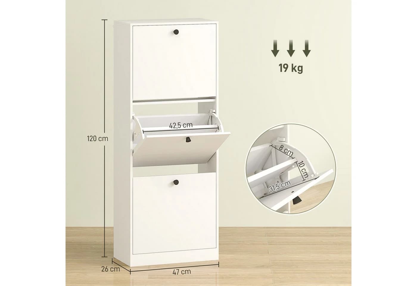 HOMCOM Schuhschrank Weiß mit 3 Klappen und verstellbaren Regalen - Bild 3