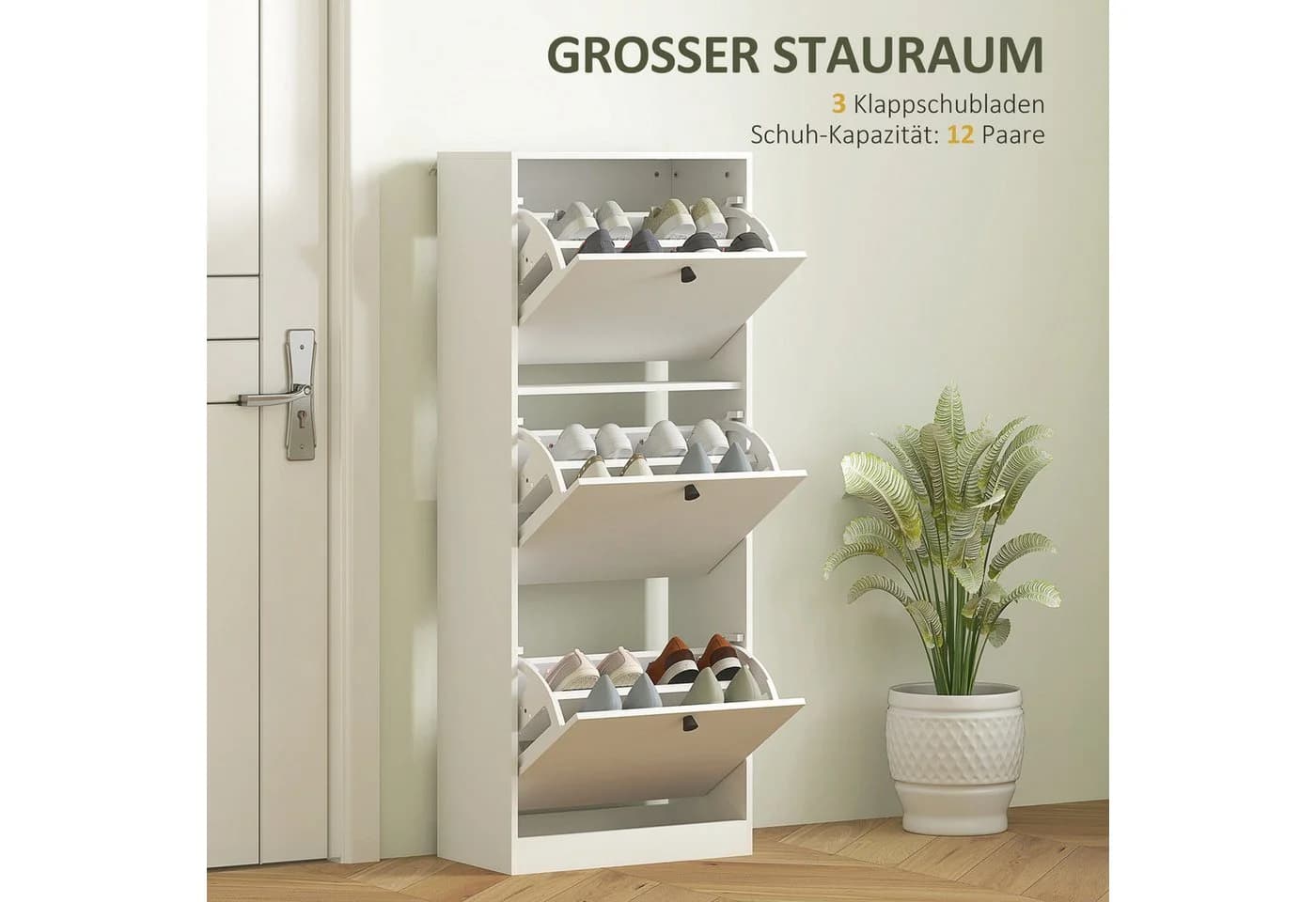 HOMCOM Schuhschrank Weiß mit 3 Klappen und verstellbaren Regalen - Bild 4