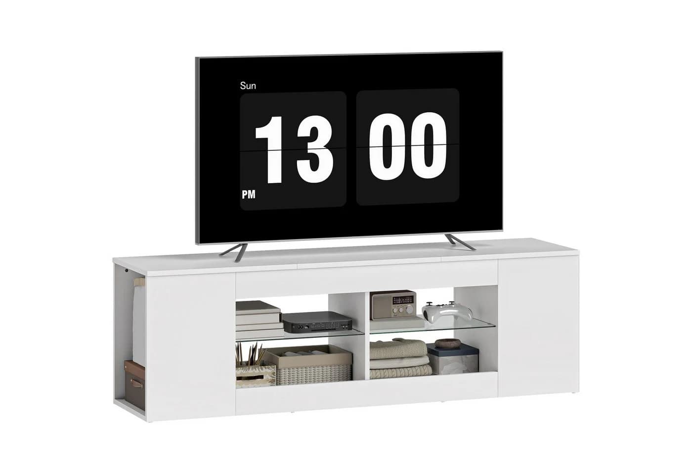 HOMCOM TV-Board Fernseh-Kommode 6 Fächer 2 Glasregale Weiß