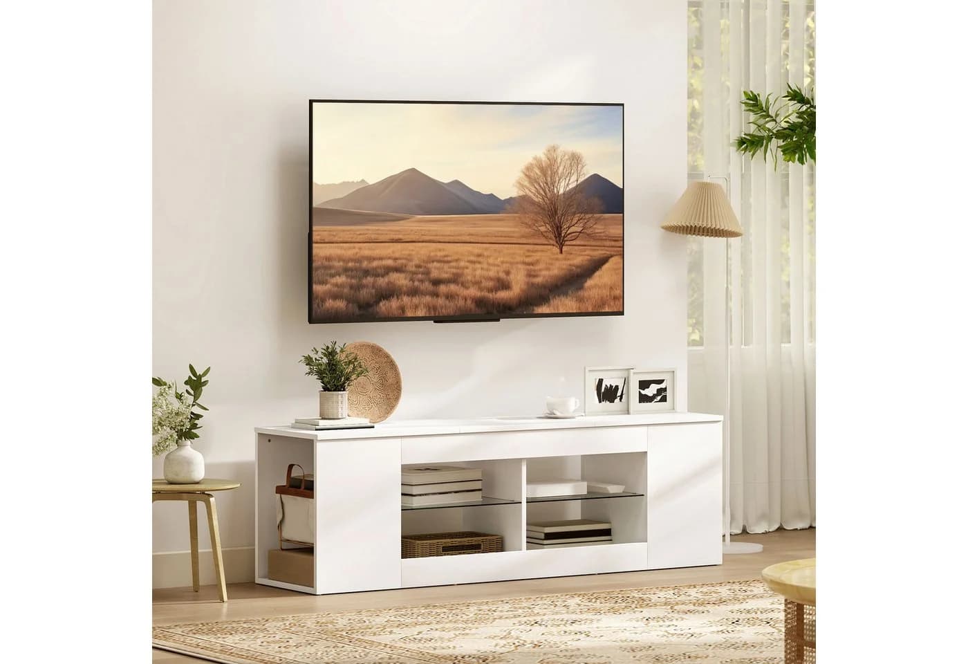 HOMCOM TV-Board Fernseh-Kommode 6 Fächer 2 Glasregale Weiß - Bild 2