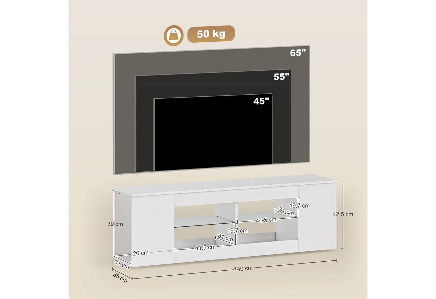 HOMCOM TV-Board Fernseh-Kommode 6 Fächer 2 Glasregale Weiß - Bild 3