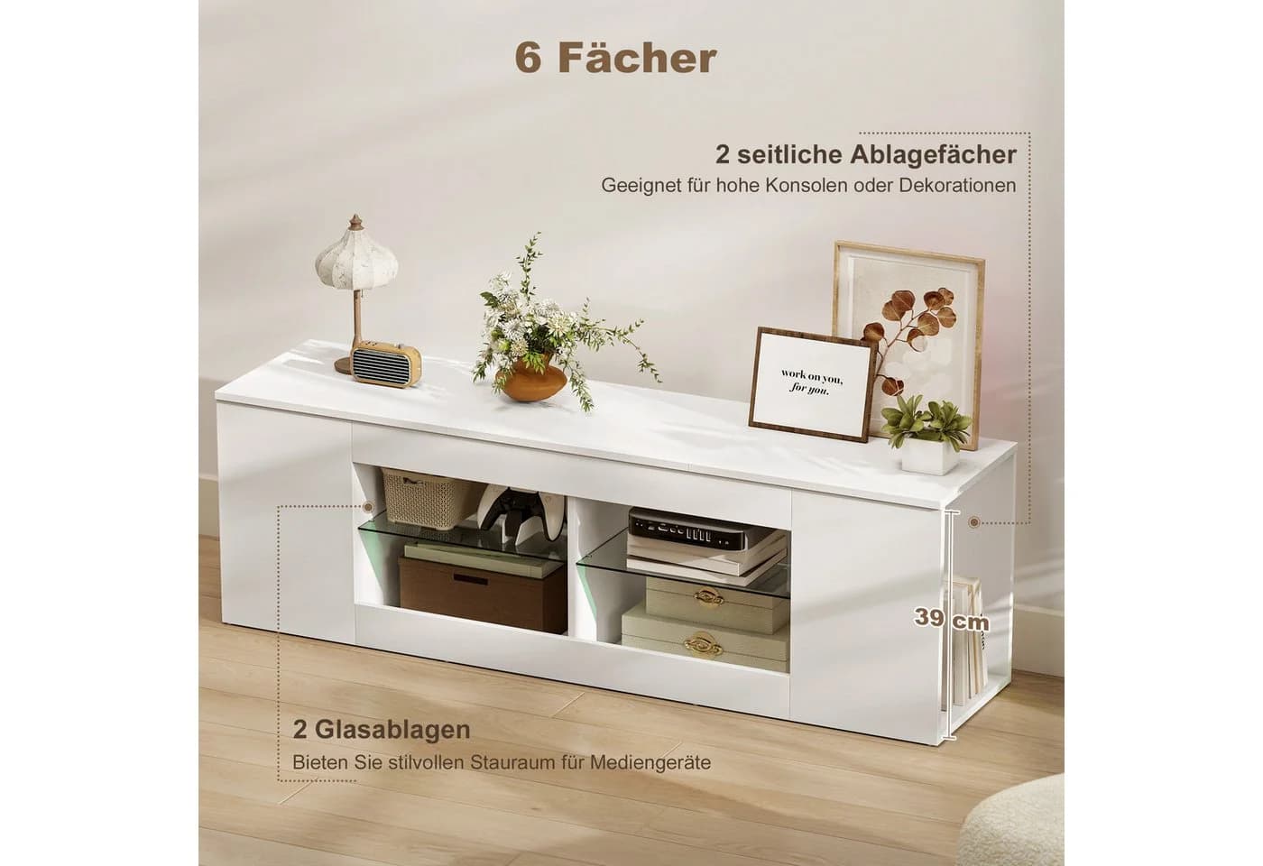 HOMCOM TV-Board Fernseh-Kommode 6 Fächer 2 Glasregale Weiß - Bild 4