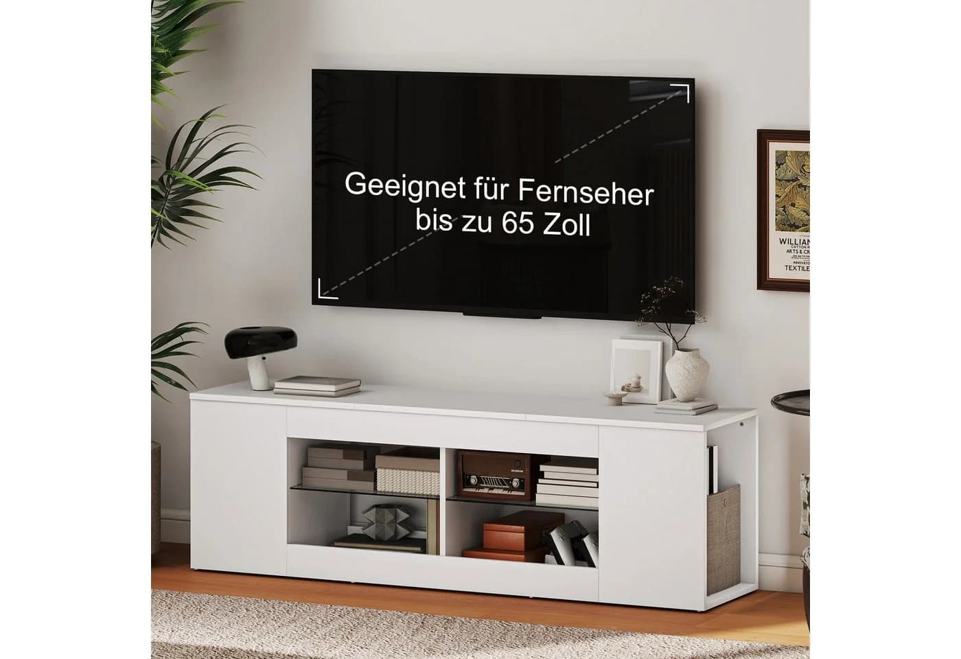 HOMCOM TV-Board Fernseh-Kommode 6 Fächer 2 Glasregale Weiß - Bild 5