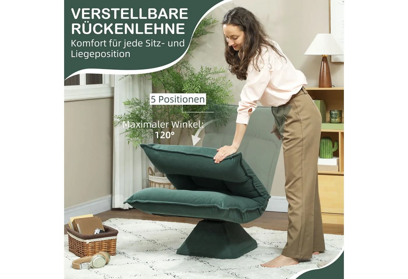 HOMCOM Bodenkissen Bodenstuhl Grün 360° Drehbar Verstellbar - Bild 5