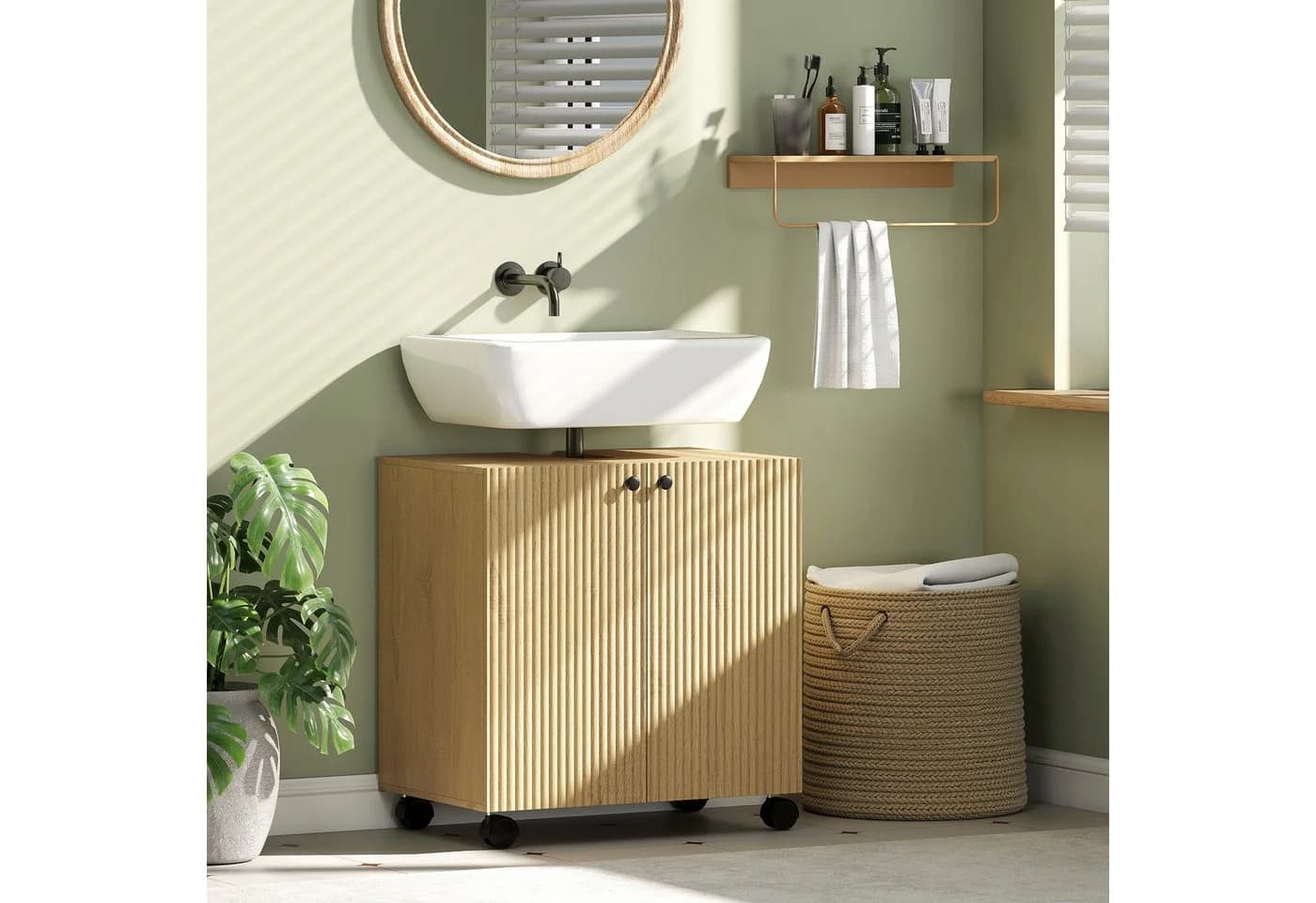 HOMCOM Waschbeckenunterschrank mit 2 Türen, einstellbarem Regal, Eiche - Bild 2