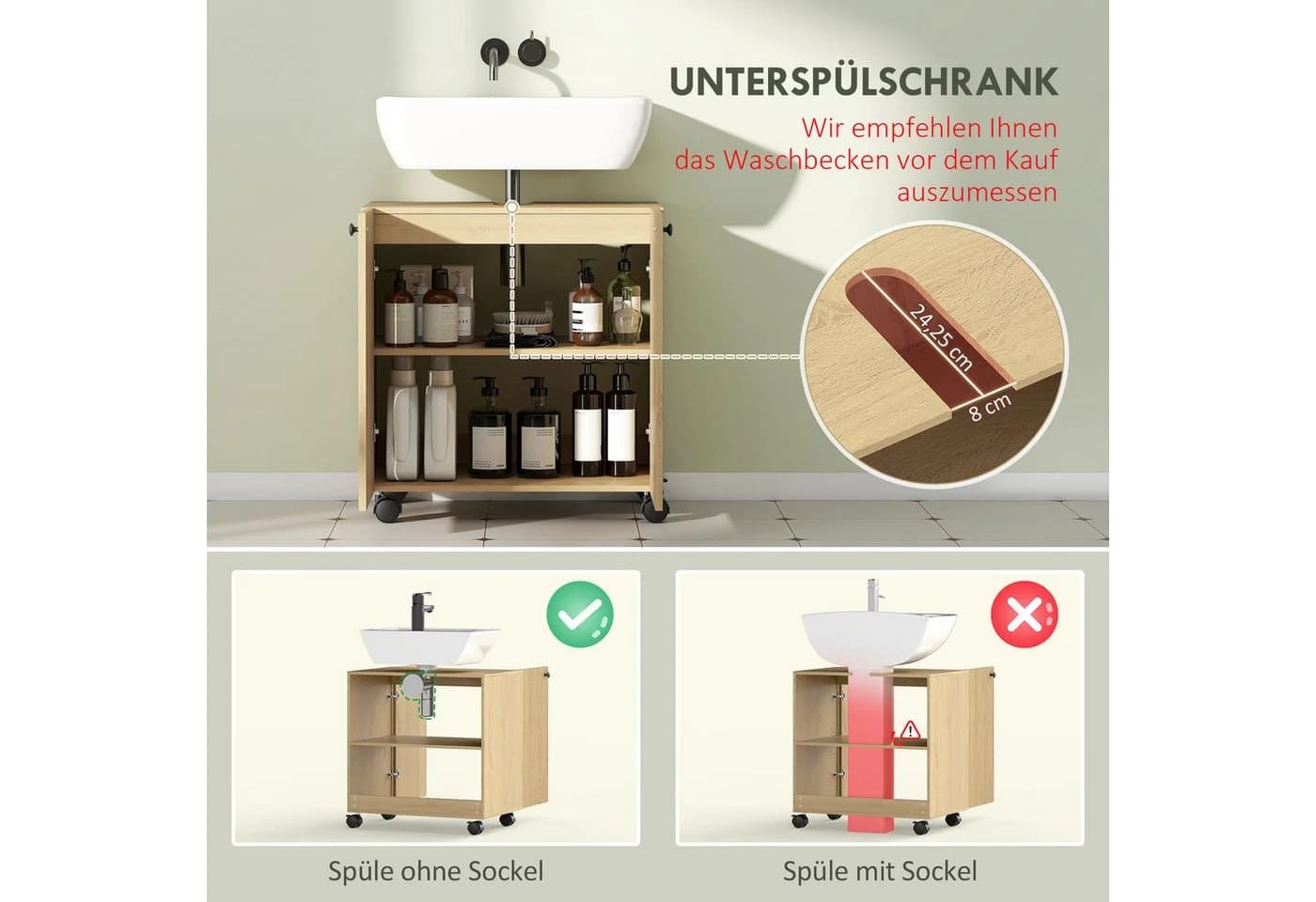 HOMCOM Waschbeckenunterschrank mit 2 Türen, einstellbarem Regal, Eiche - Bild 4