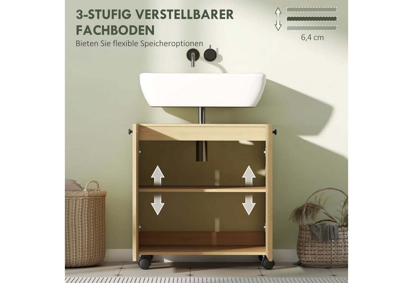 HOMCOM Waschbeckenunterschrank mit 2 Türen, einstellbarem Regal, Eiche - Bild 5