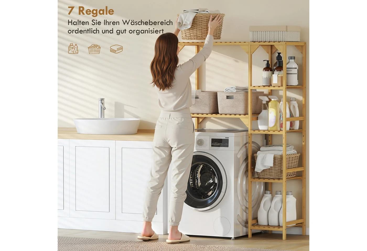 HOMCOM Badregal mit mehreren offenen Fächern, Toilettenregal 1-tlg., für Badezimmer, Naturholz - Bild 4