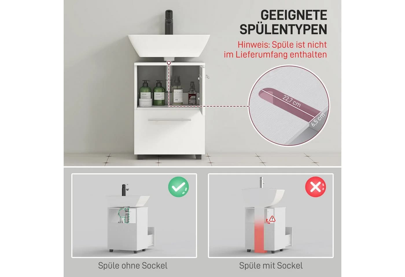 HOMCOM Waschbeckenunterschrank Kompakter Badezimmer-Unterschrank mit Schublade und Einzeltür für wandmontiertes Waschbecken - Bild 4