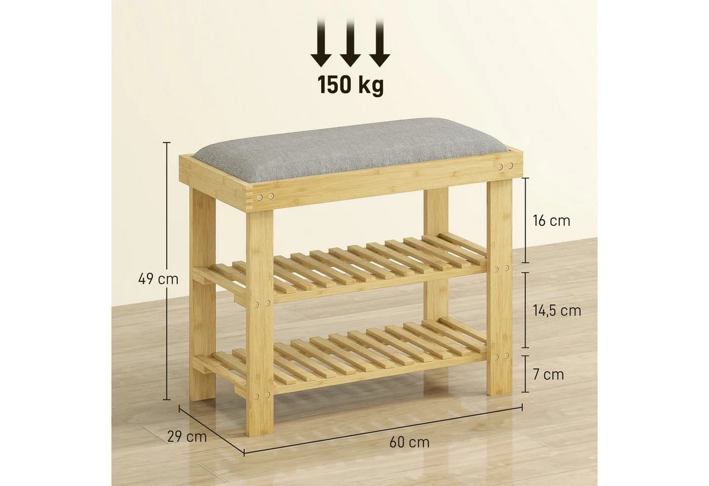 HOMCOM Schuhbank mit Stauraum, 2 offene Fächer, Bambus, Grau/Naturholz - Bild 3
