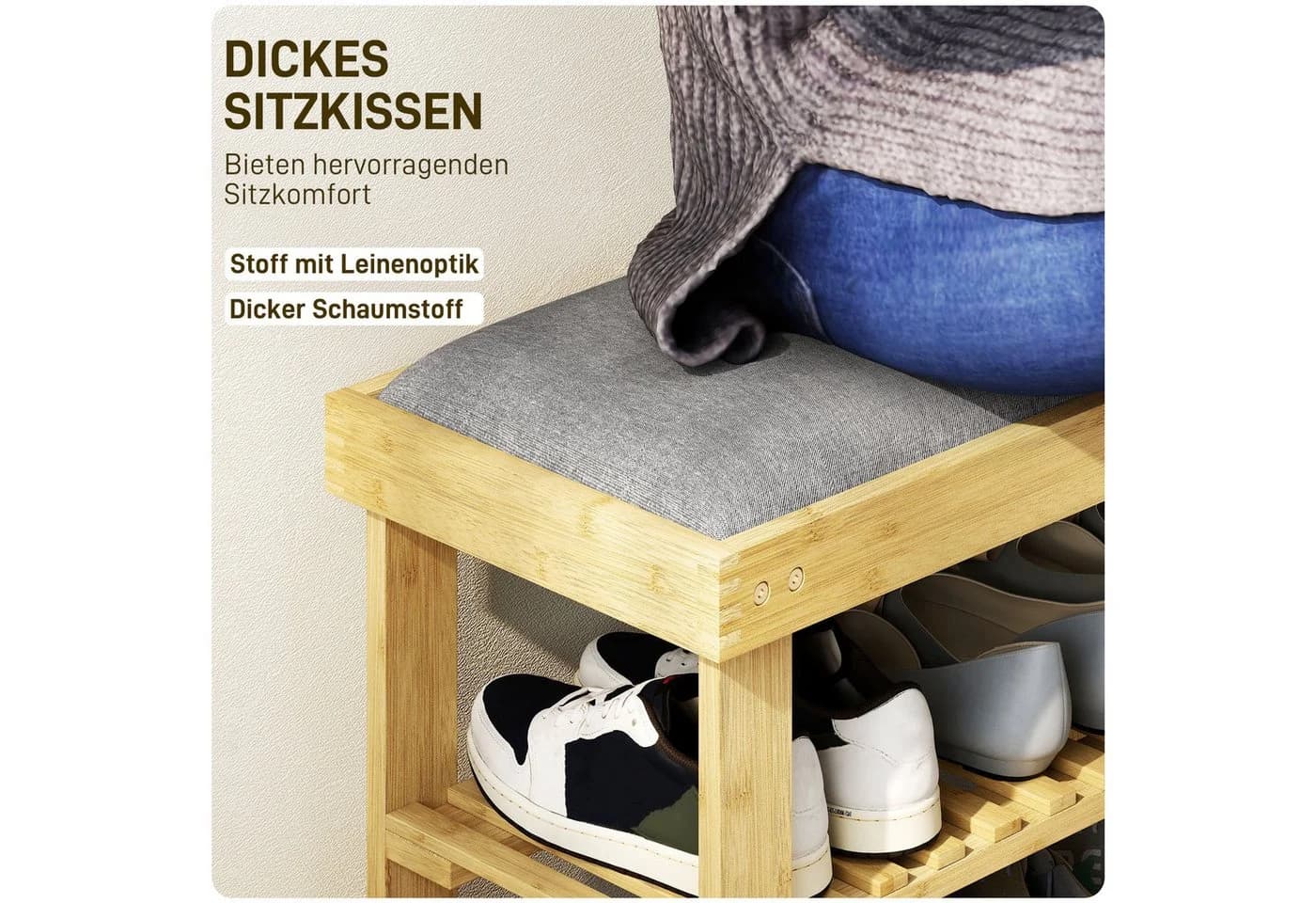 HOMCOM Schuhbank mit Stauraum, 2 offene Fächer, Bambus, Grau/Naturholz - Bild 4