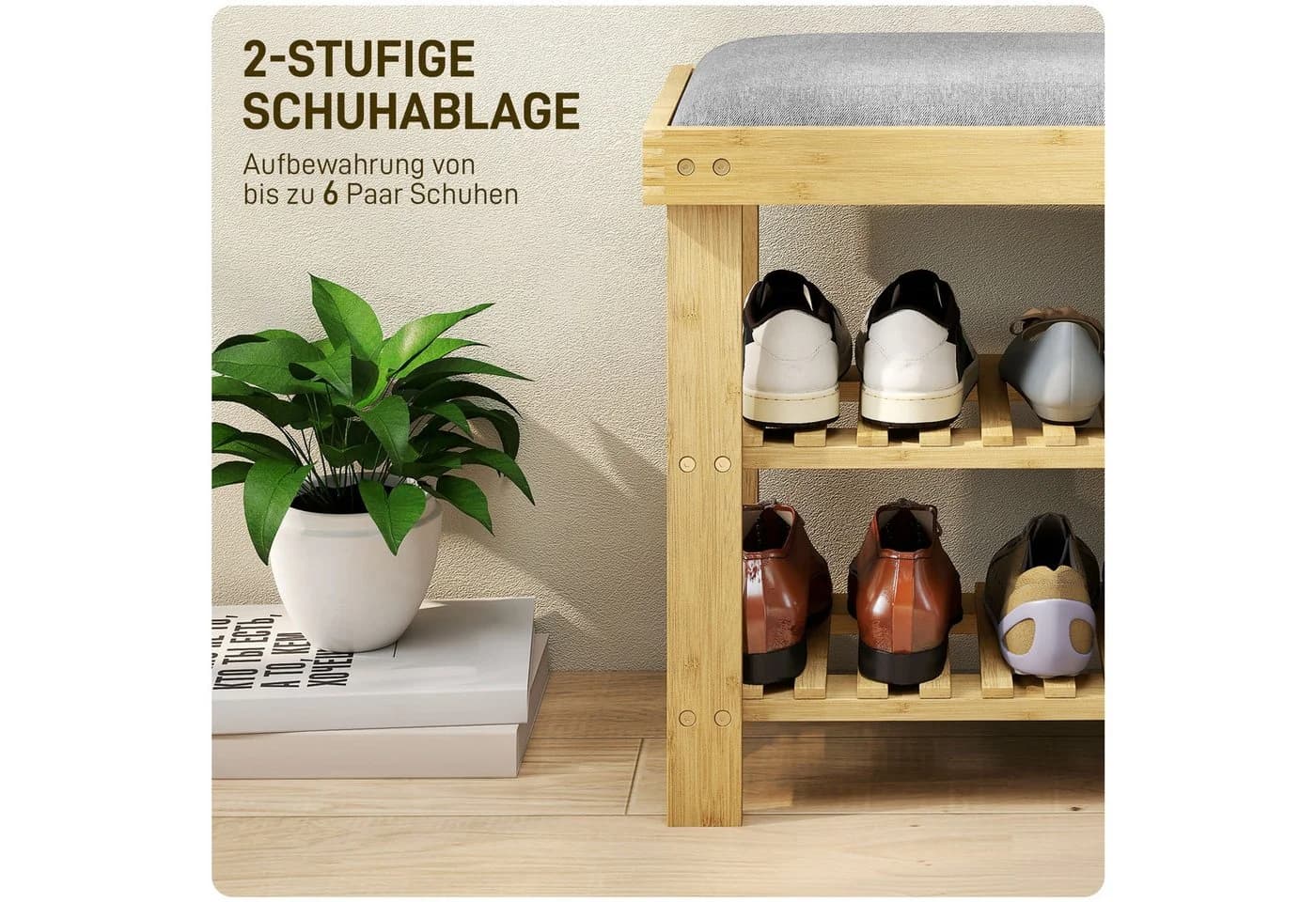 HOMCOM Schuhbank mit Stauraum, 2 offene Fächer, Bambus, Grau/Naturholz - Bild 5