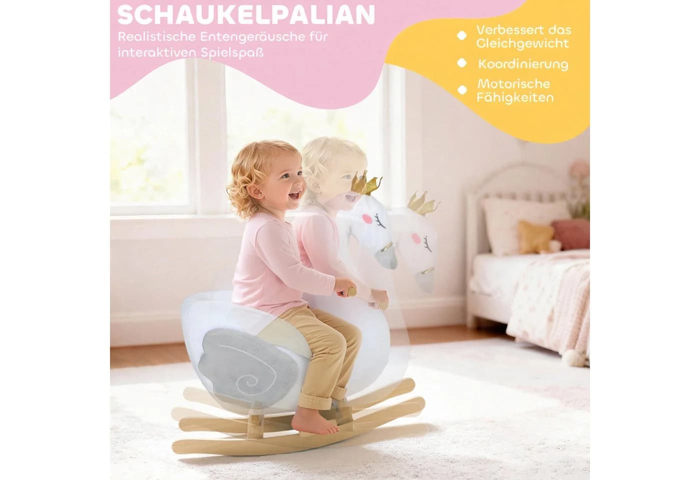 AIYAPLAY Schaukeltier Schwan-Schaukel mit Schlaflied, weicher Füllung, Holzrahmen, für Kinder 1,5-3 Jahre, max. 25 kg, Weiß - Bild 5