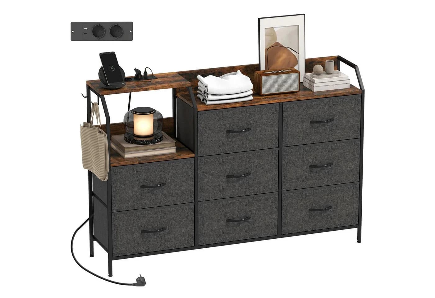 HOMCOM Kommode 8 Schubladen Vliesstoff Ladestation Haken Stahlrahmen Rustikal-Braun+Schwarz