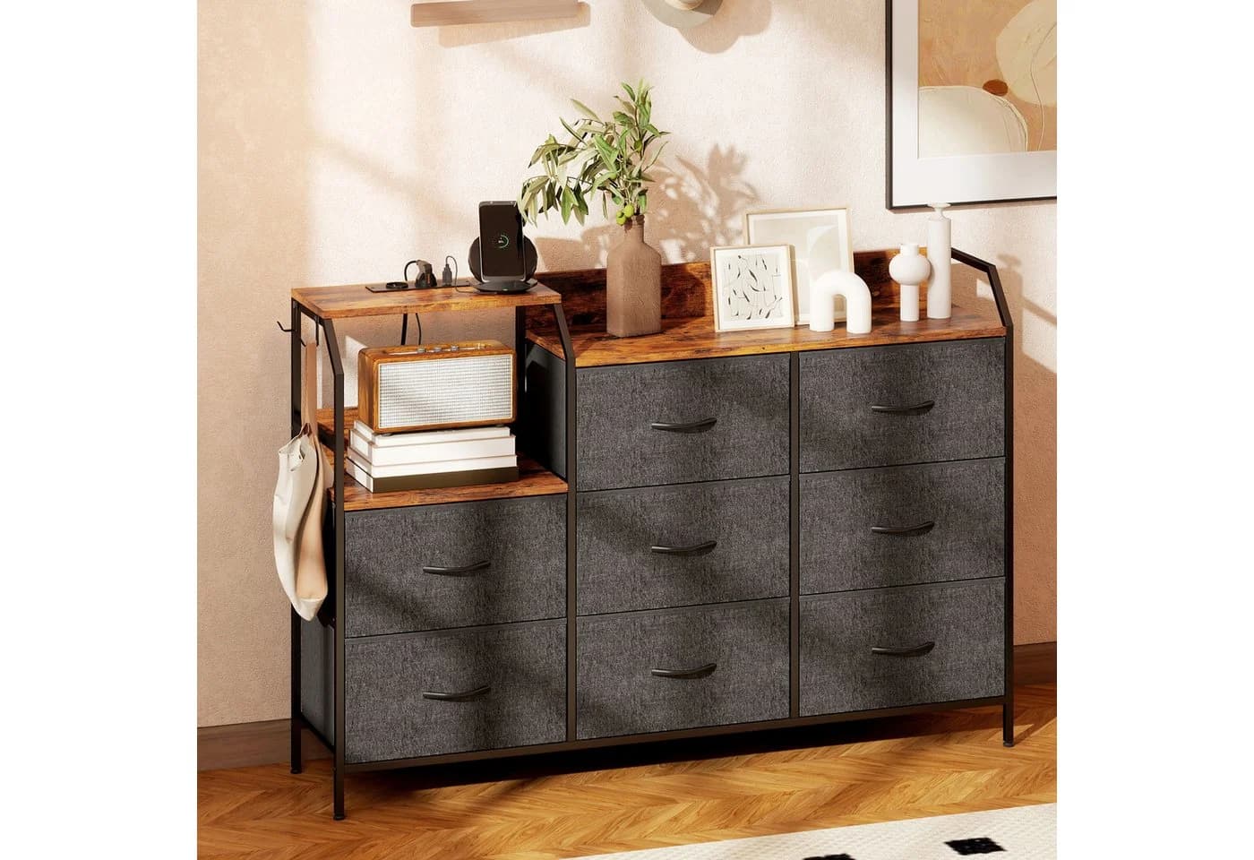 HOMCOM Kommode 8 Schubladen Vliesstoff Ladestation Haken Stahlrahmen Rustikal-Braun+Schwarz - Bild 2