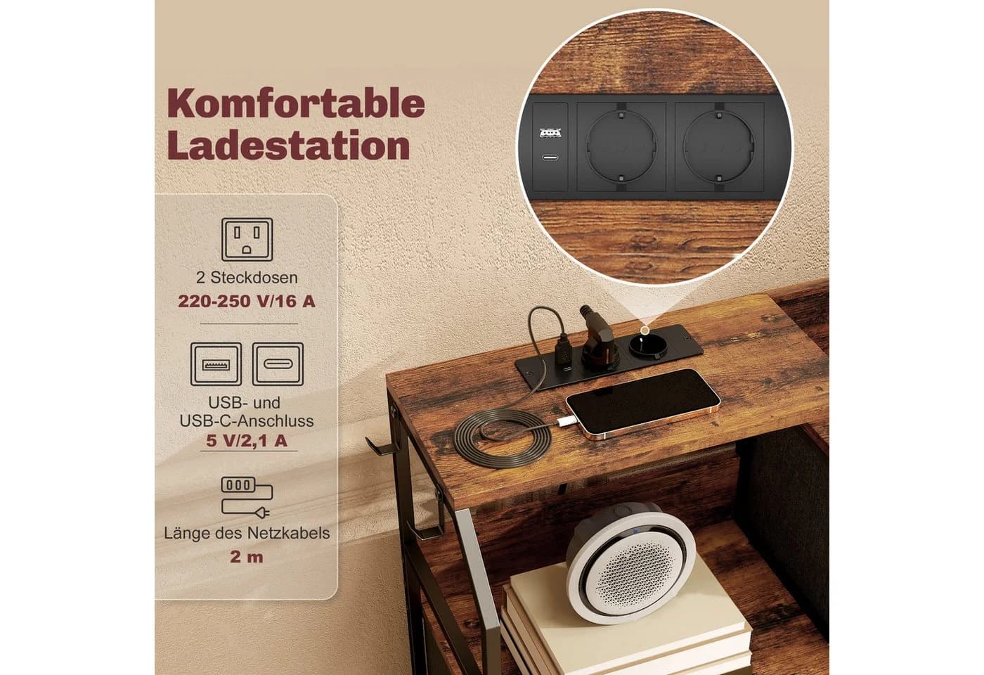 HOMCOM Kommode 8 Schubladen Vliesstoff Ladestation Haken Stahlrahmen Rustikal-Braun+Schwarz - Bild 4