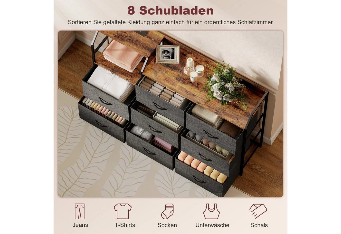 HOMCOM Kommode 8 Schubladen Vliesstoff Ladestation Haken Stahlrahmen Rustikal-Braun+Schwarz - Bild 5