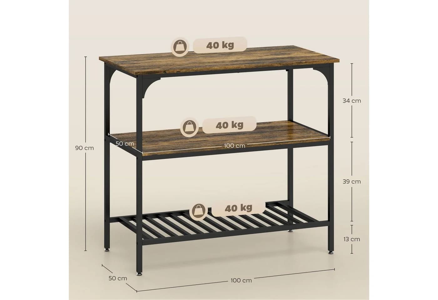 HOMCOM Küchenregal Industrielles Bäckerregal mit großer Arbeitsplatte, Stahlrahmen, 3-stufiges Standregal 1-tlg., für Esszimmer, Küche, Wohnzimmer, Rustikal-Braun - Bild 3
