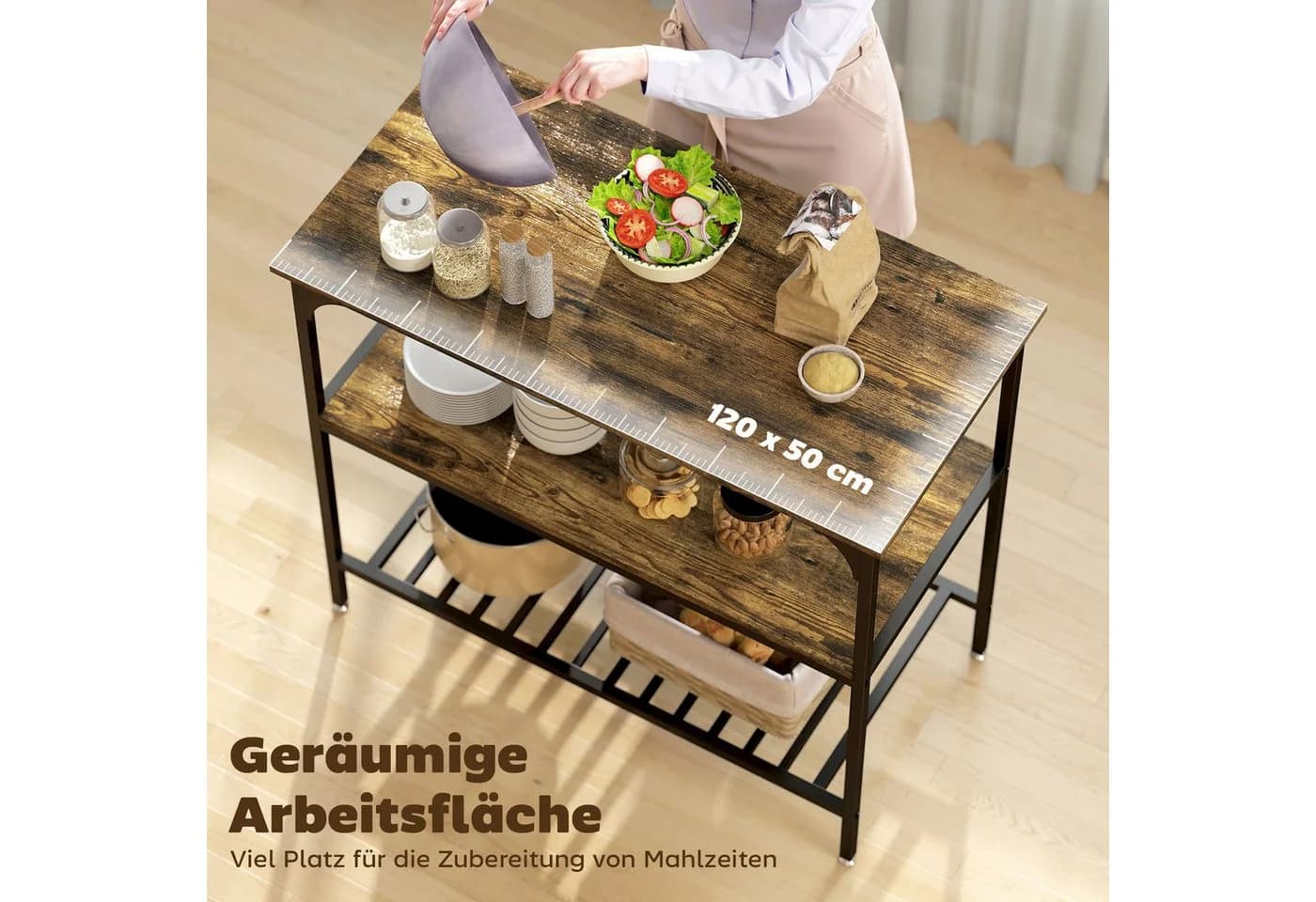 HOMCOM Küchenregal Industrielles Bäckerregal mit großer Arbeitsplatte, Stahlrahmen, 3-stufiges Standregal 1-tlg., für Esszimmer, Küche, Wohnzimmer, Rustikal-Braun - Bild 4