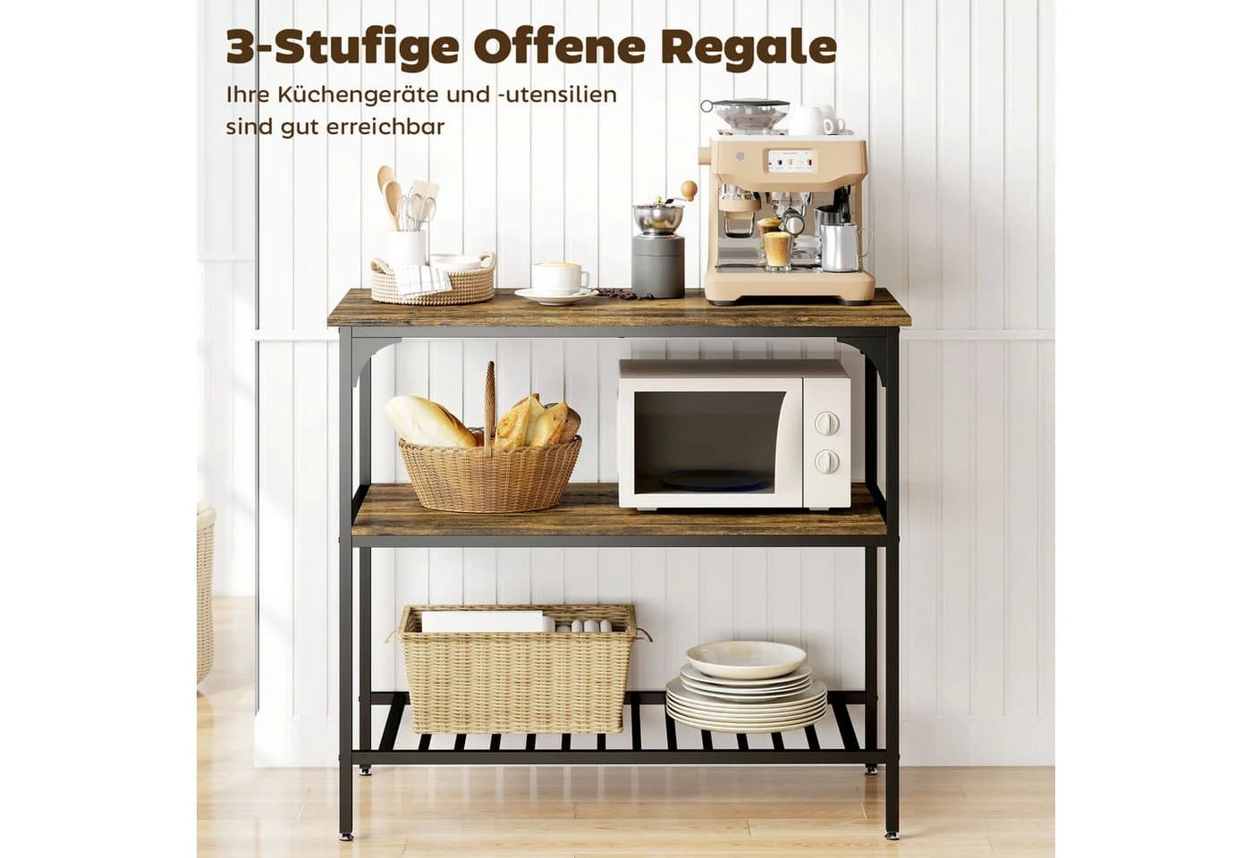 HOMCOM Küchenregal Industrielles Bäckerregal mit großer Arbeitsplatte, Stahlrahmen, 3-stufiges Standregal 1-tlg., für Esszimmer, Küche, Wohnzimmer, Rustikal-Braun - Bild 5