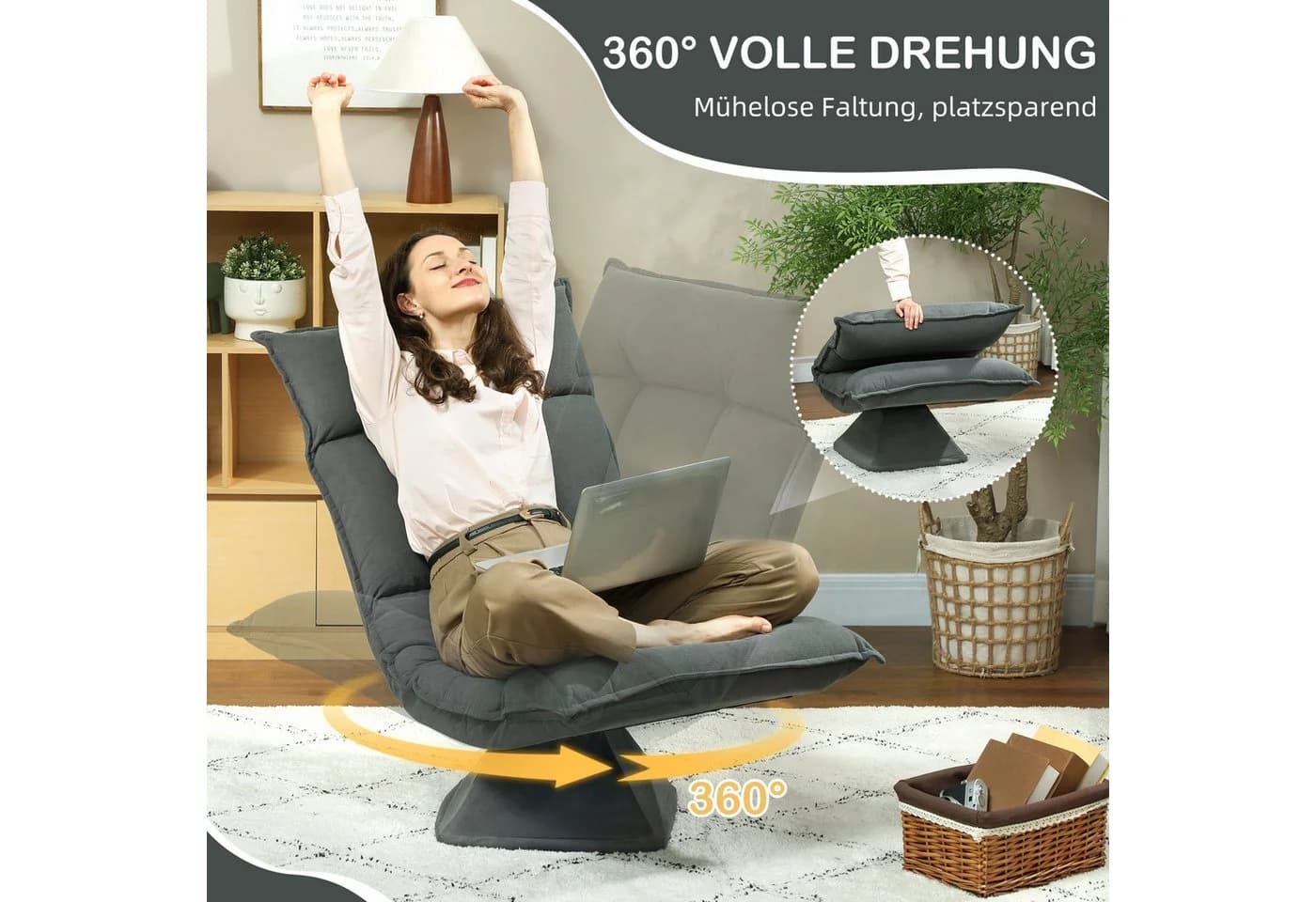HOMCOM Bodenstuhl Dunkelgrau 360° Drehbar mit verstellbarer Rückenlehne - Bild 4