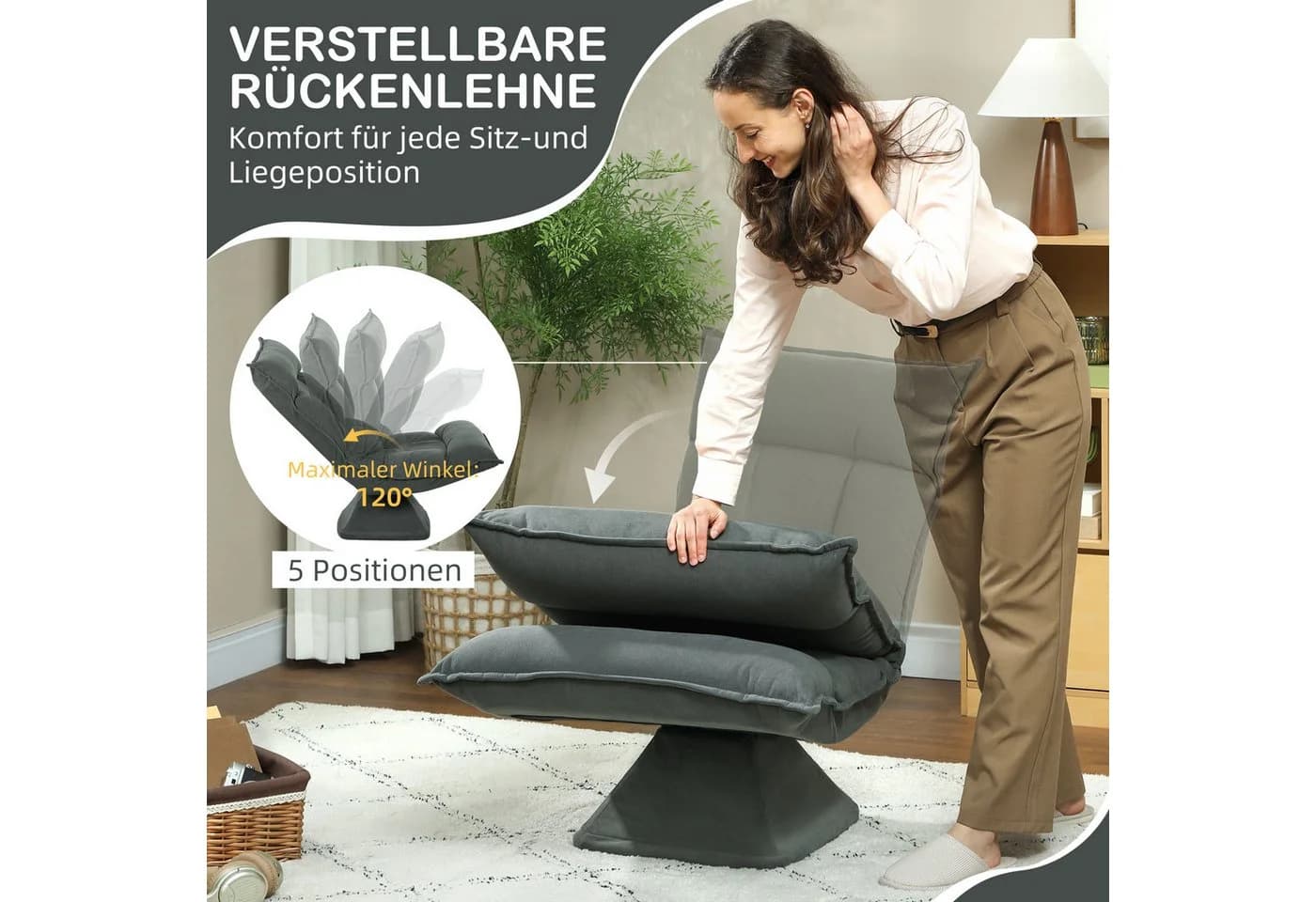 HOMCOM Bodenstuhl Dunkelgrau 360° Drehbar mit verstellbarer Rückenlehne - Bild 5