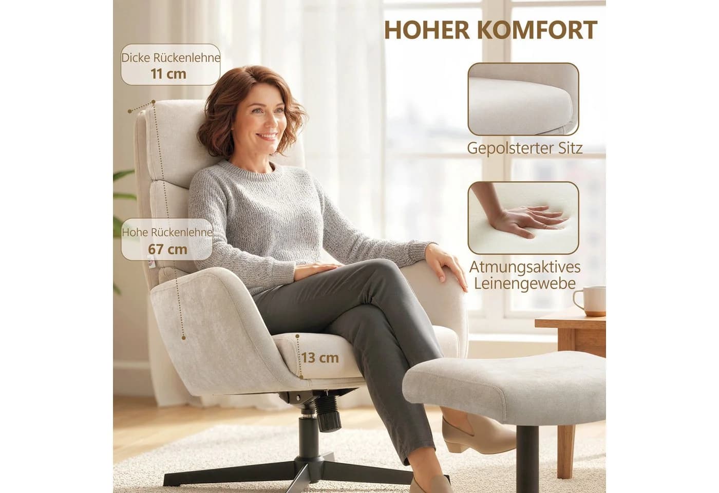 HOMCOM Relaxsessel mit hoher Rückenlehne, Leinenoptik, Beige - Bild 5