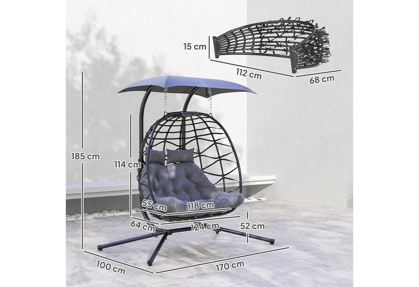 Outsunny Schaukelstuhl Polyrattan für 2 Personen mit Sonnenschutzdach - Bild 3