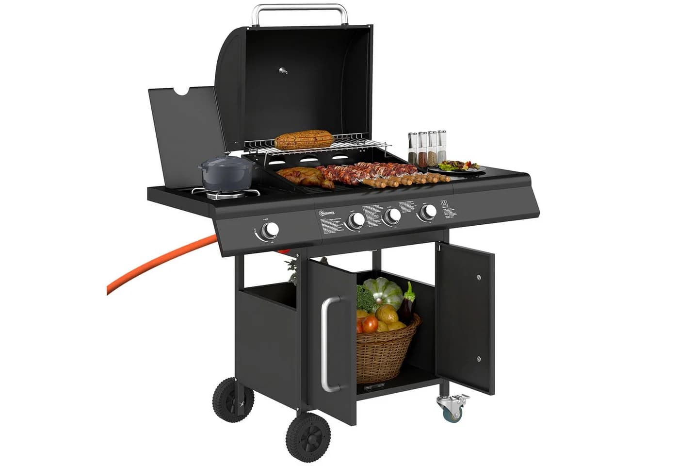 Outsunny Gasgrill 12,2 kW mit Seitenbrenner, Thermometer & Stauraum
