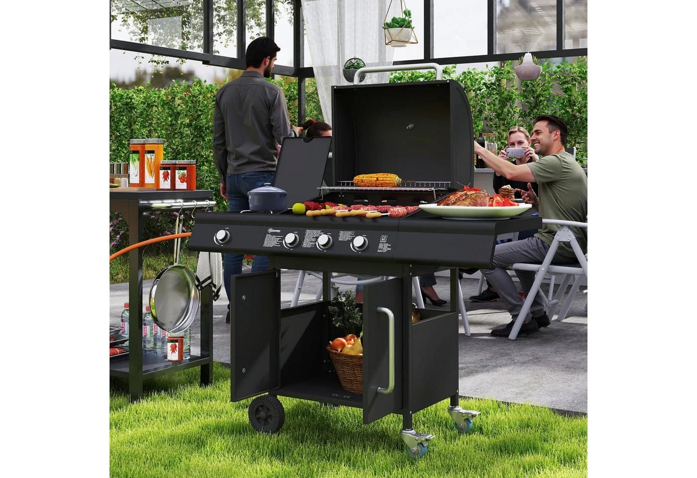 Outsunny Gasgrill 12,2 kW mit Seitenbrenner, Thermometer & Stauraum - Bild 2