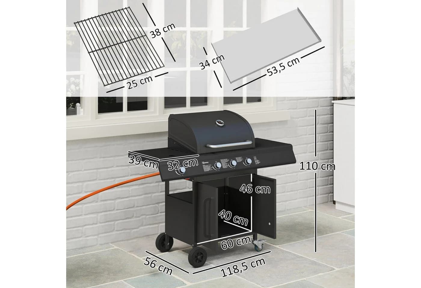 Outsunny Gasgrill 12,2 kW mit Seitenbrenner, Thermometer & Stauraum - Bild 3