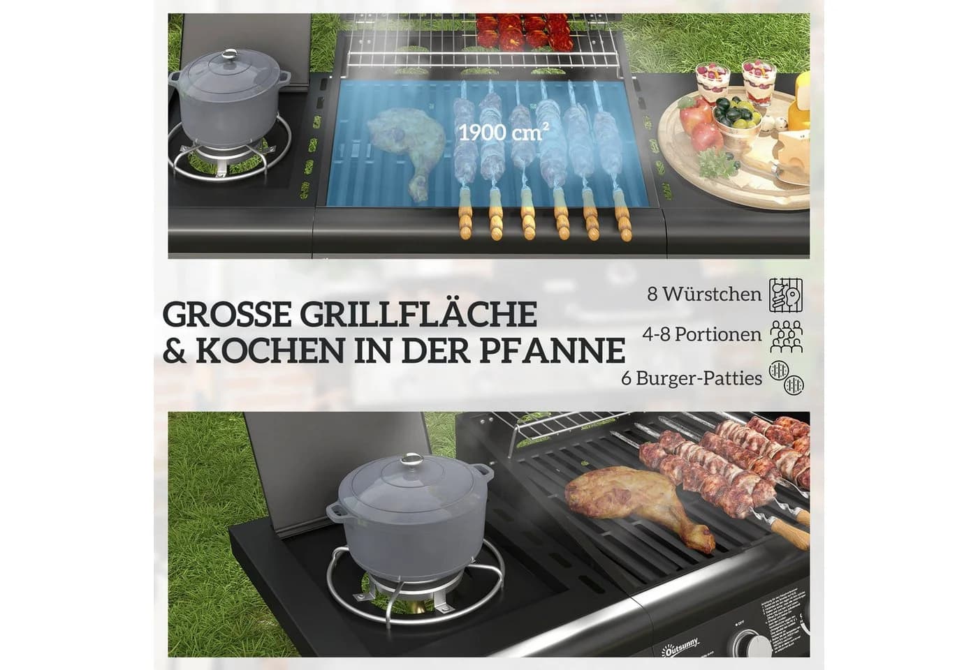 Outsunny Gasgrill 12,2 kW mit Seitenbrenner, Thermometer & Stauraum - Bild 4