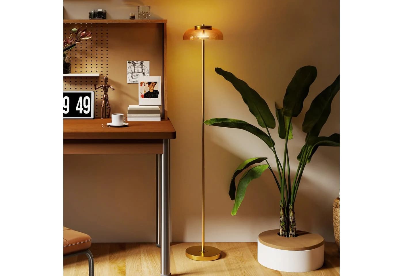 HOMCOM Stehlampe Stehleuchte mit 3000 K warmem Licht, Fußschalter, LED fest integriert, Messing - Bild 2