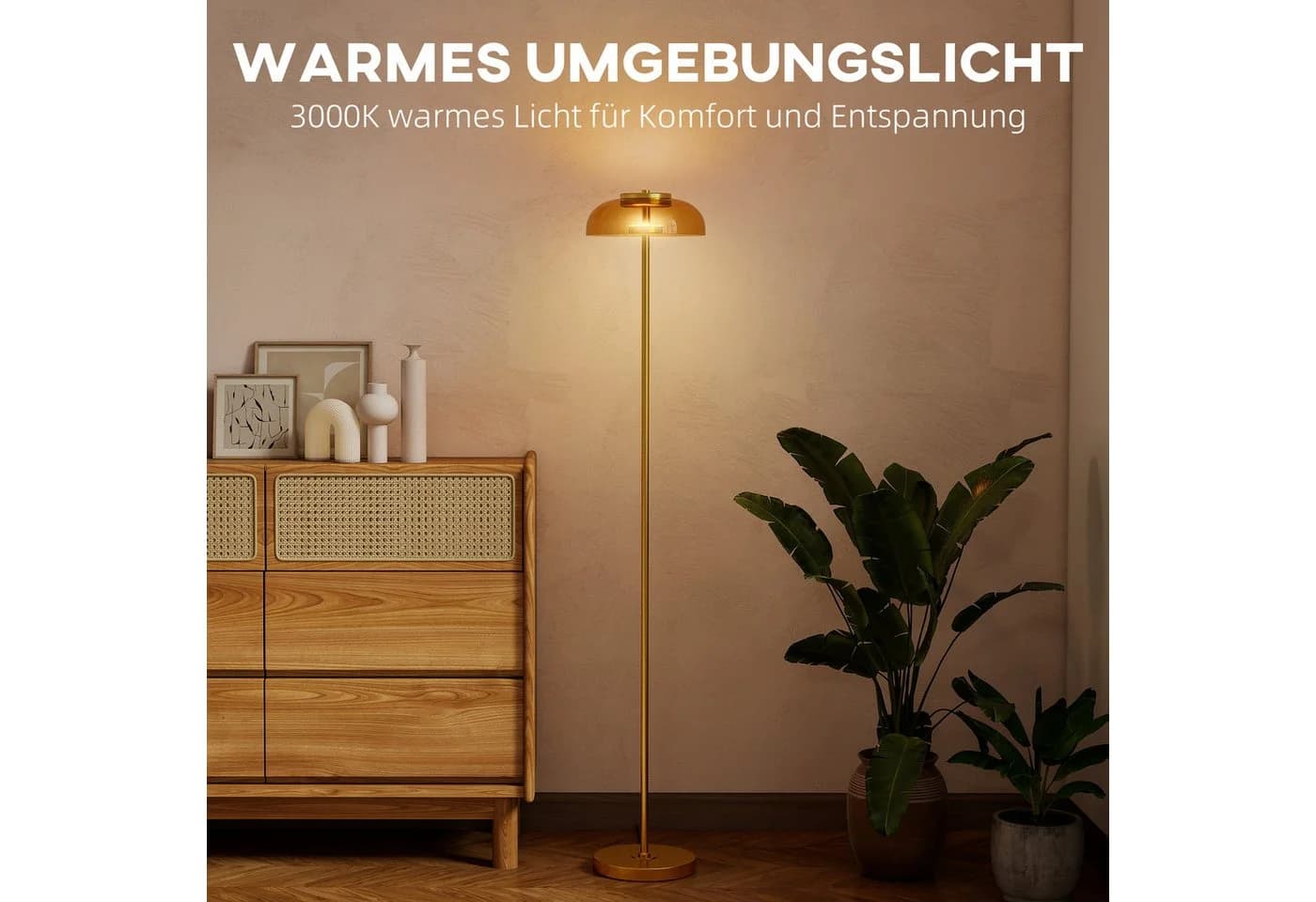 HOMCOM Stehlampe Stehleuchte mit 3000 K warmem Licht, Fußschalter, LED fest integriert, Messing - Bild 4