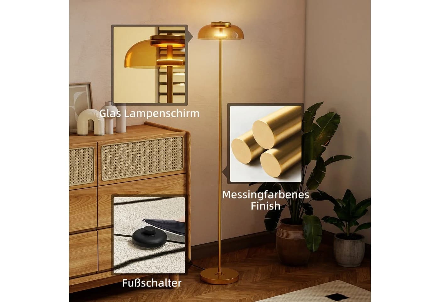HOMCOM Stehlampe Stehleuchte mit 3000 K warmem Licht, Fußschalter, LED fest integriert, Messing - Bild 5