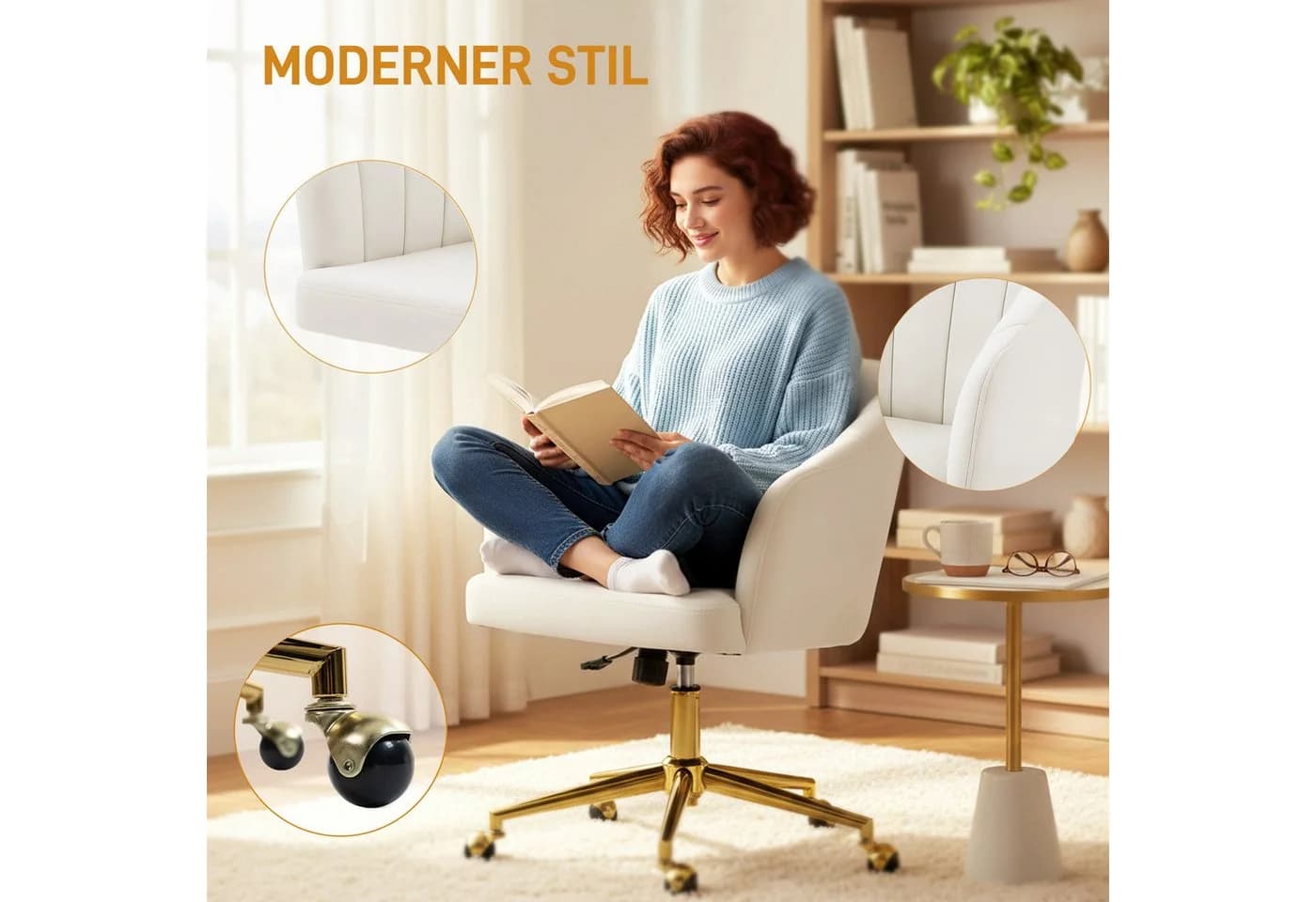 HOMCOM Bürostuhl mit Samtoptik, drehbaren Rollen, höhenverstellbar, Cremeweiß - Bild 4
