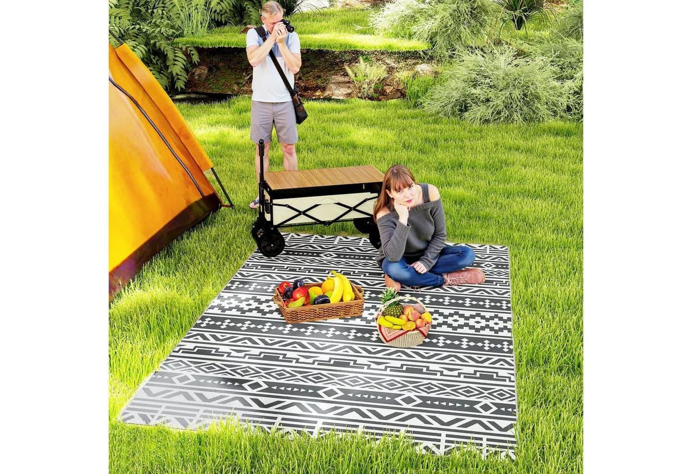 Outsunny Outdoorteppich Dunkelgrau/Weiß Geometrisch Wetterfest - Bild 2