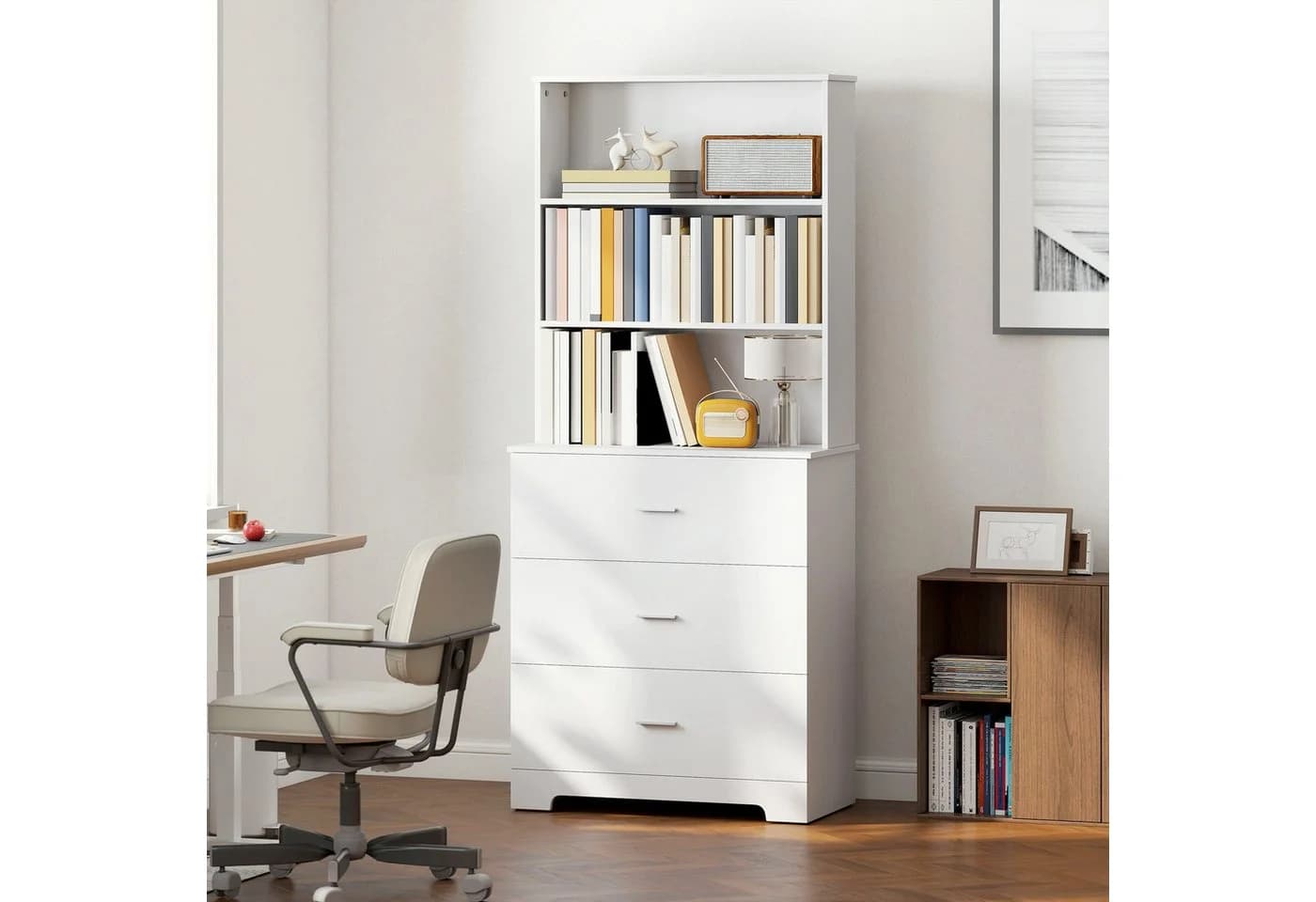 HOMCOM Bücherregal mit 3 Schubladen, 3 offenen Regalen, Bücherschrank 180 cm, Weiß - Bild 2