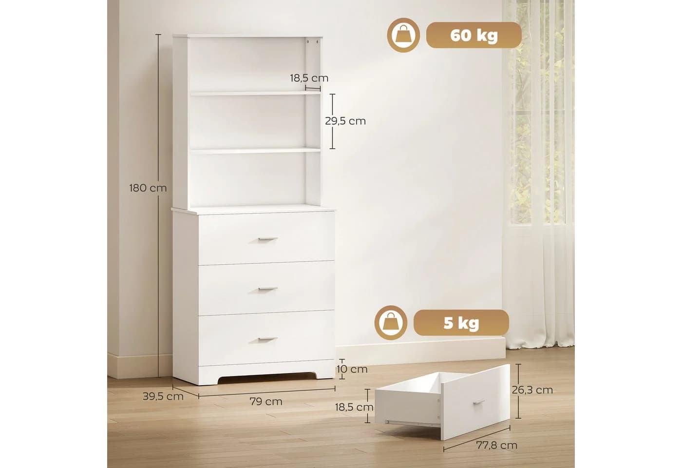 HOMCOM Bücherregal mit 3 Schubladen, 3 offenen Regalen, Bücherschrank 180 cm, Weiß - Bild 3