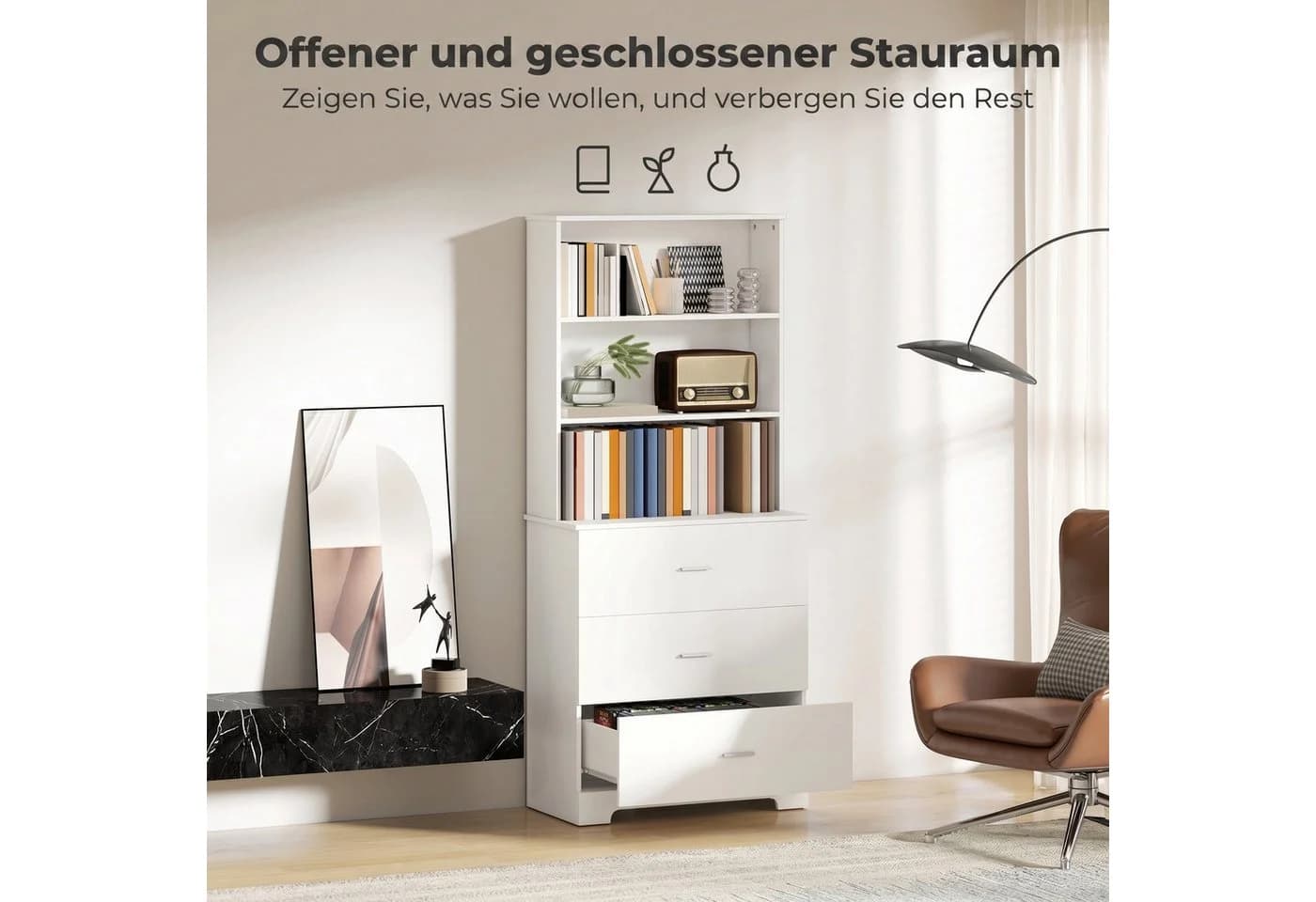 HOMCOM Bücherregal mit 3 Schubladen, 3 offenen Regalen, Bücherschrank 180 cm, Weiß - Bild 4