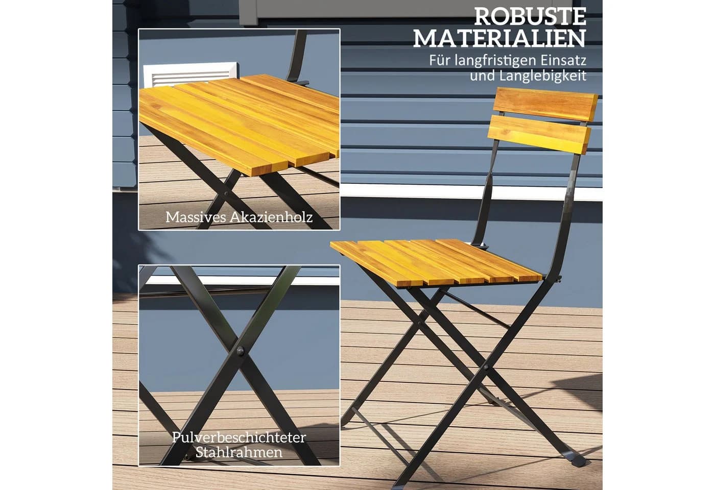 Outsunny Balkonset klappbar mit 2 Stühlen und Tisch, Akazienholz & Stahl, Teak - Bild 5