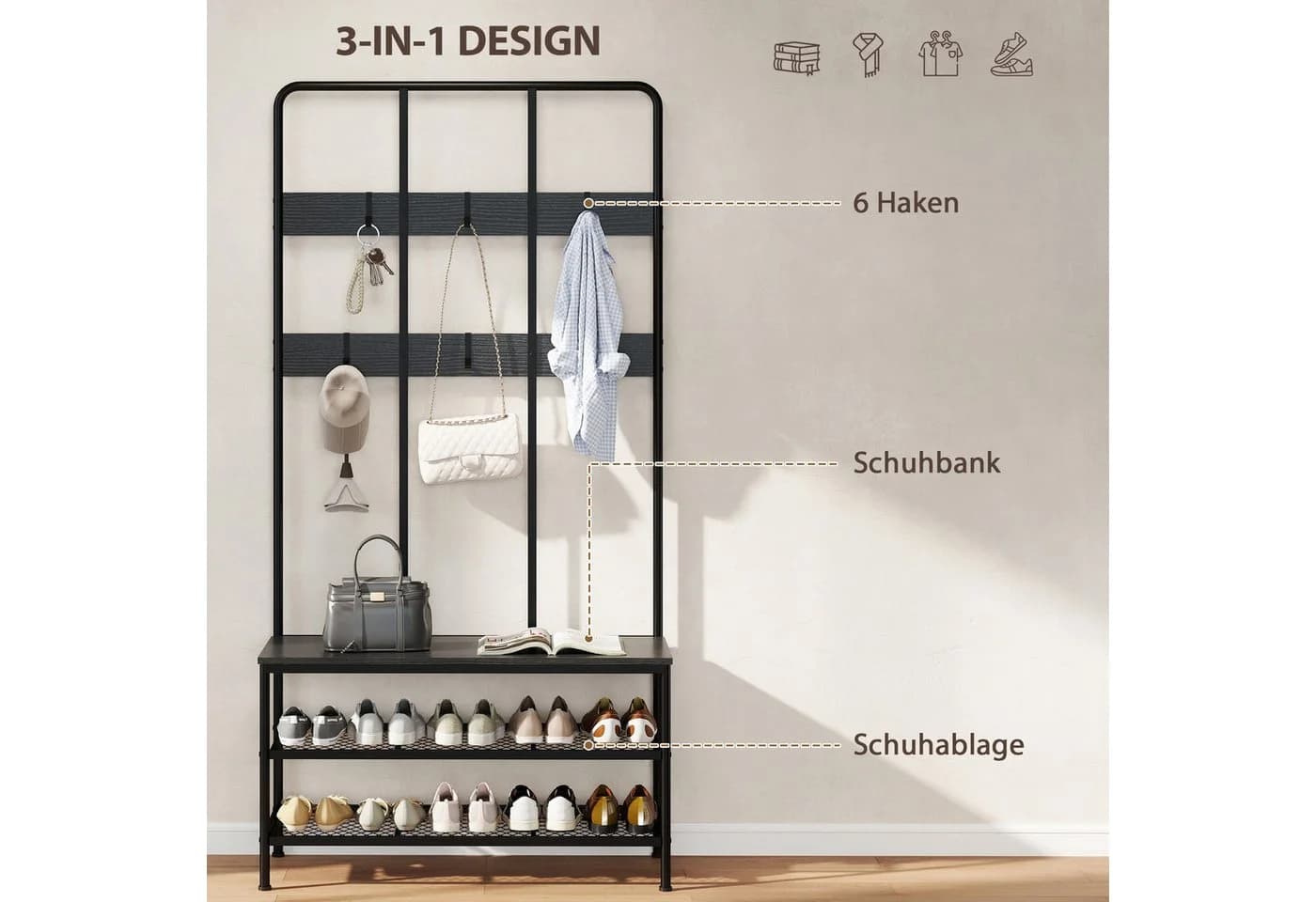 HOMCOM Garderobenständer mit Schuhbank Schwarz 6 Haken - Bild 4