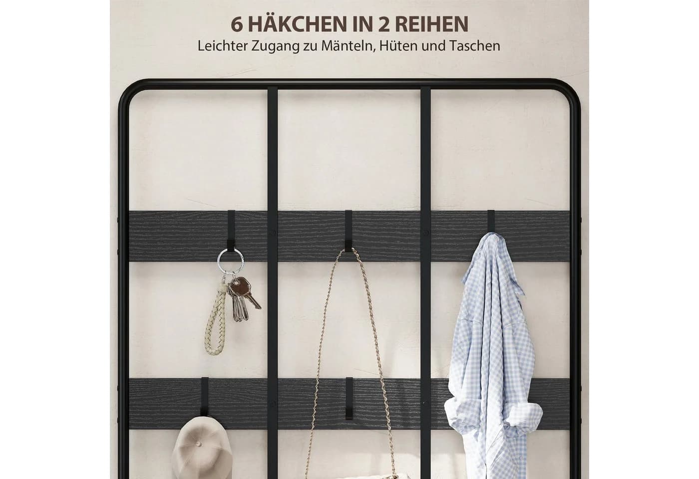HOMCOM Garderobenständer mit Schuhbank Schwarz 6 Haken - Bild 5