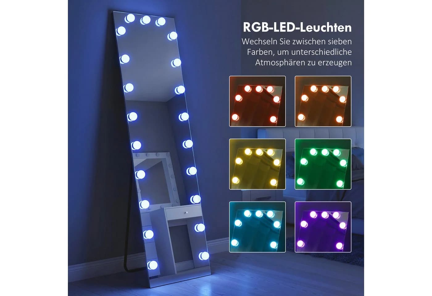 HOMCOM Standspiegel mit 21 Glühbirnen, 7 Lichtfarben, Touch-Schalter, Memory-Funktion - Bild 4
